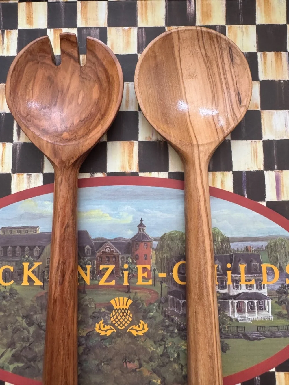 Brand New Mackenzie Childs Courtly Check Salad Servers Wood & Stainless Sweet
